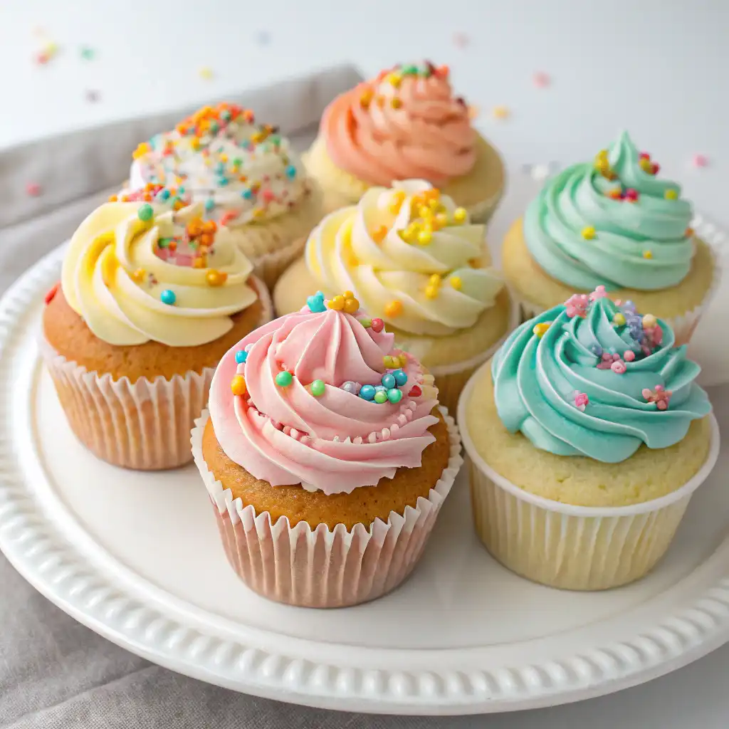 Freshly baked dairy-free cupcakes topped with vegan frosting and colorful sprinkles.