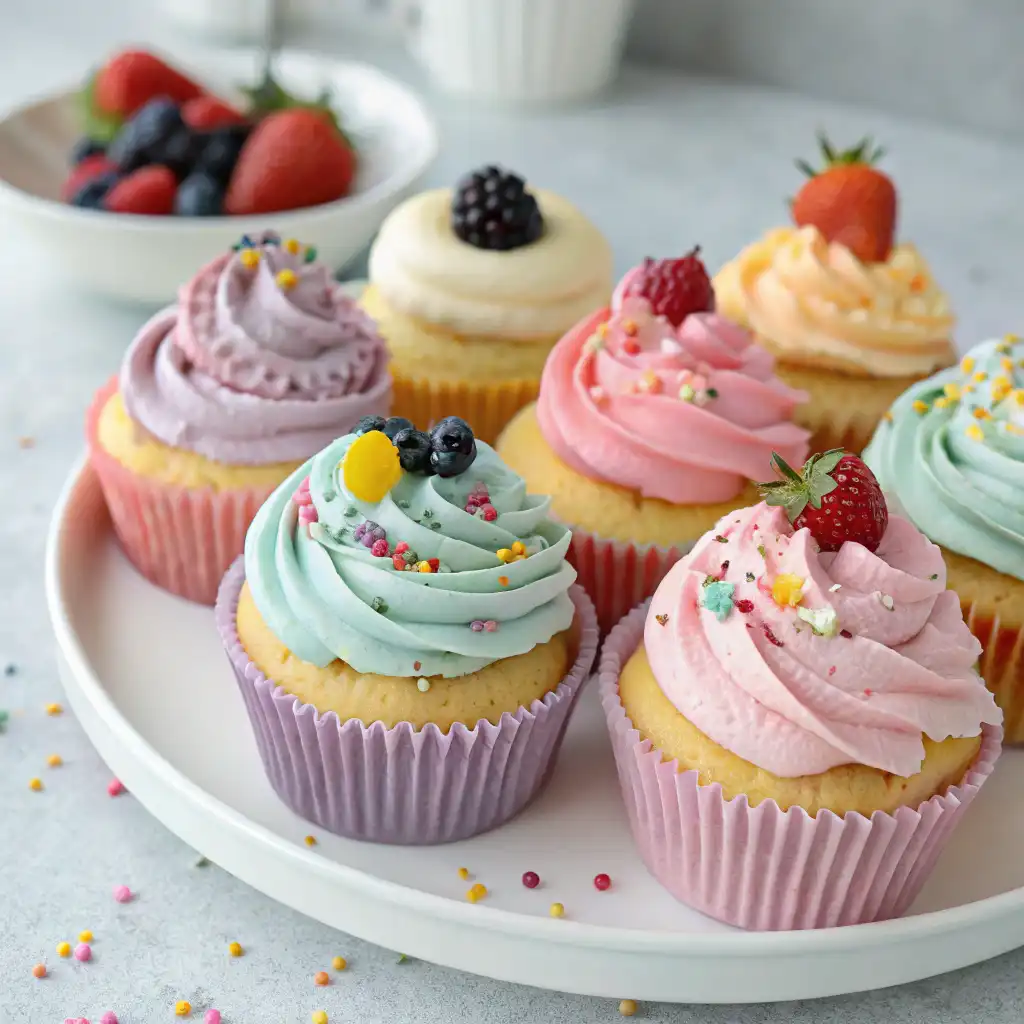 Dairy-free cupcakes decorated with vegan frosting and edible flowers.