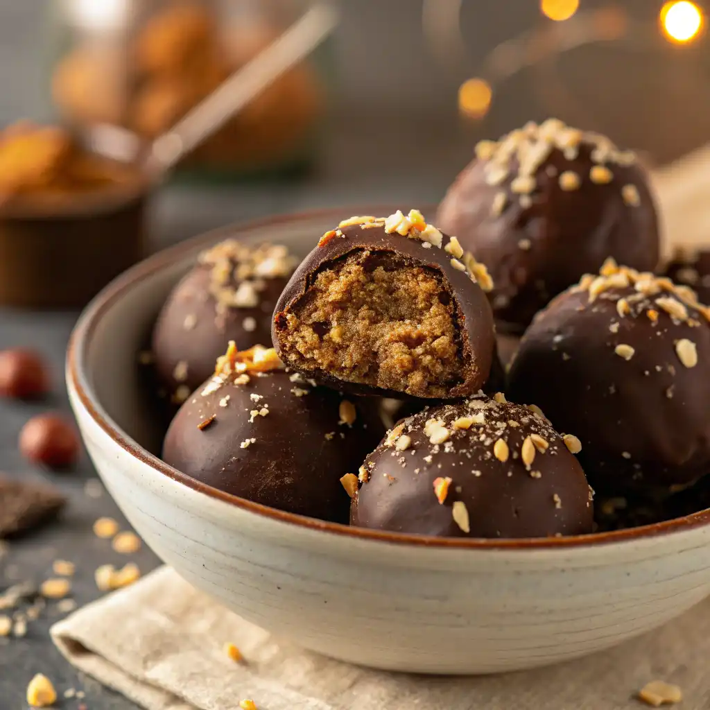 Pecan Pie Balls on a plate, topped with chopped pecans.