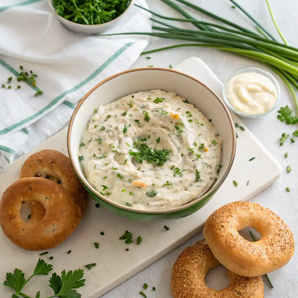 Creamy bagel dip surrounded by assorted dippers including bagel slices, pita chips, and fresh veggies.