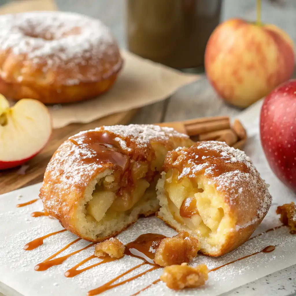 Golden baked apple fritters with a cinnamon sugar coating.