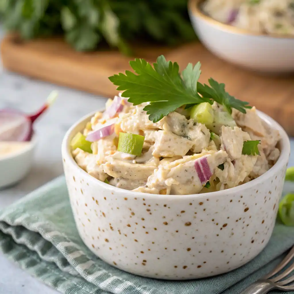  Canned chicken salad served with crackers and fresh vegetables for a quick meal.