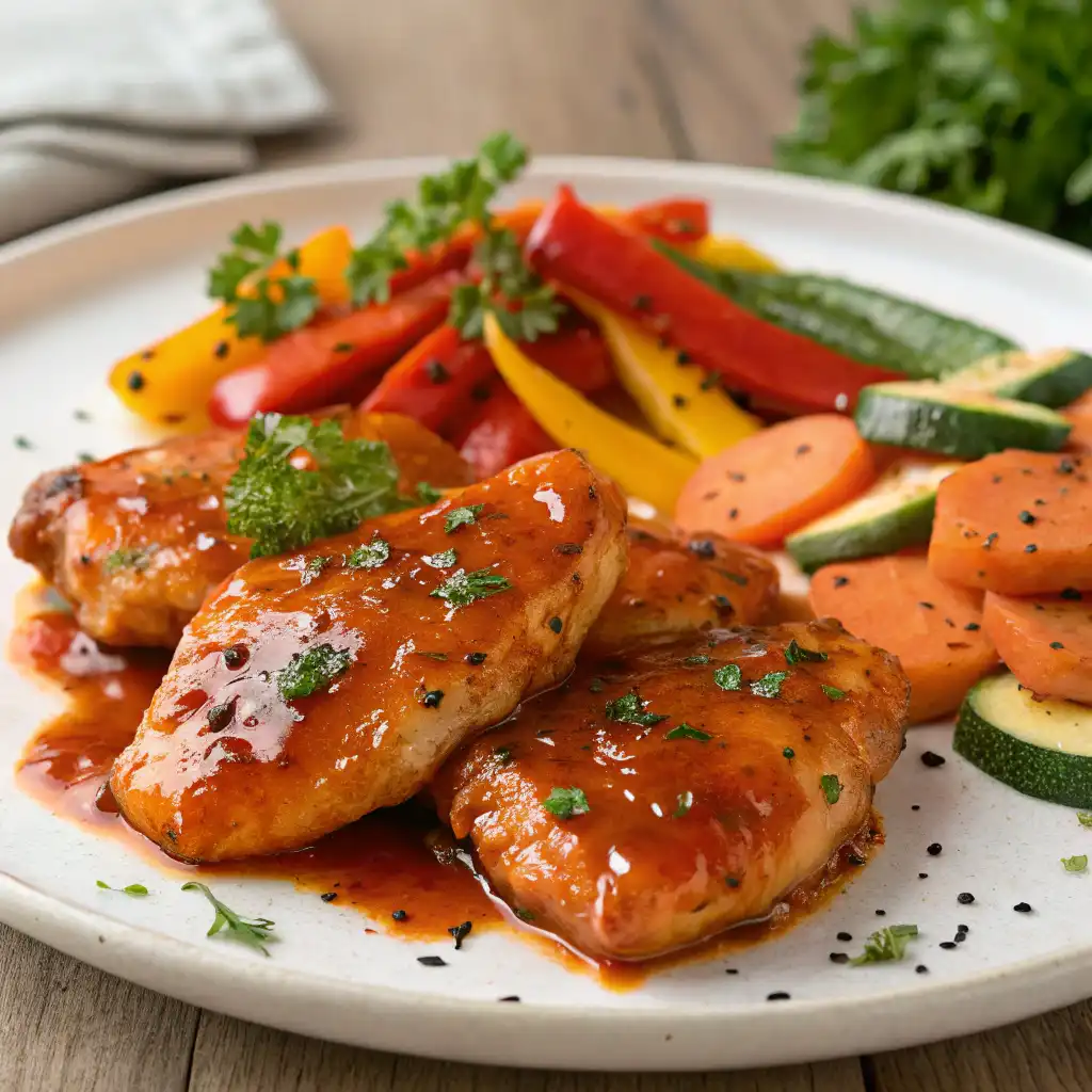 Close-up shot of tender Catalina Chicken recipe glazed with sweet and tangy dressing, garnished with parsley, black pepper, and served with colorful roasted vegetables and a drizzle of extra dressing.