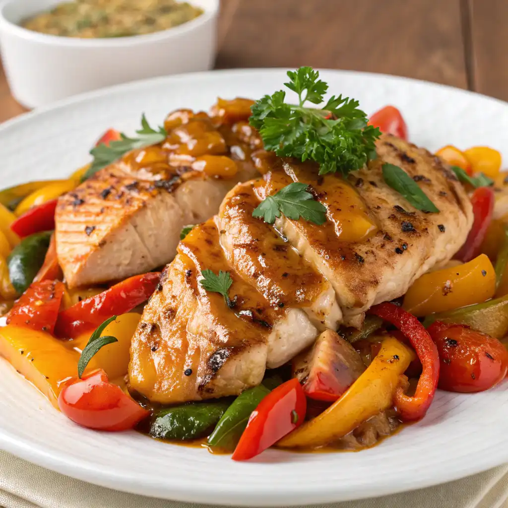 Appetizing Cava chicken with juicy grilled chicken, roasted vegetables, and a golden glaze, garnished with parsley.