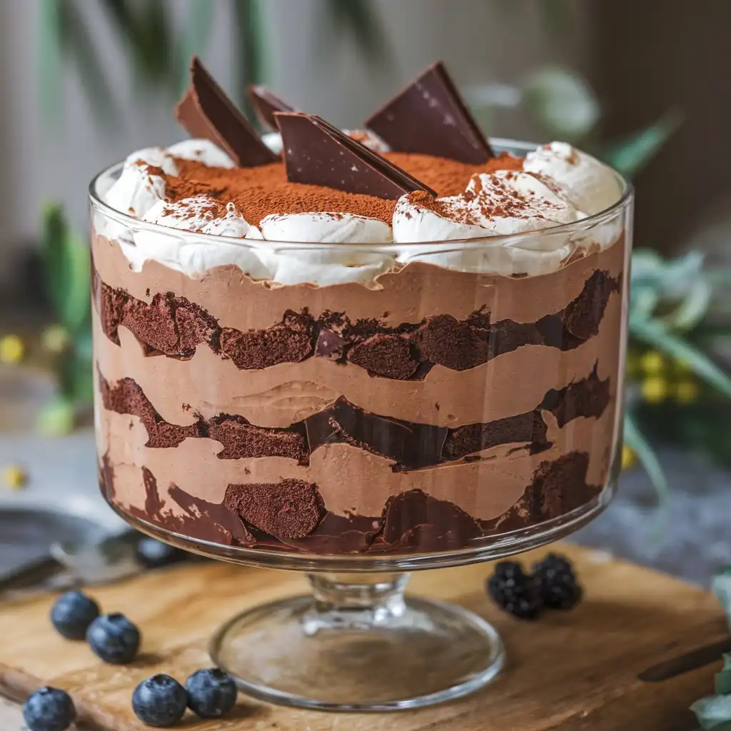 Decadent chocolate trifle with layers of cake, mousse, and whipped cream.