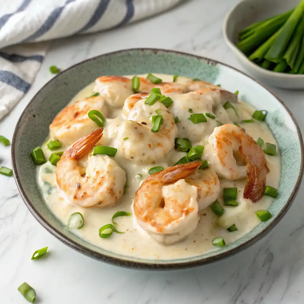 A plate of creamy garlic shrimp with a rich white sauce, garnished with fresh green onions, served on a marble countertop.