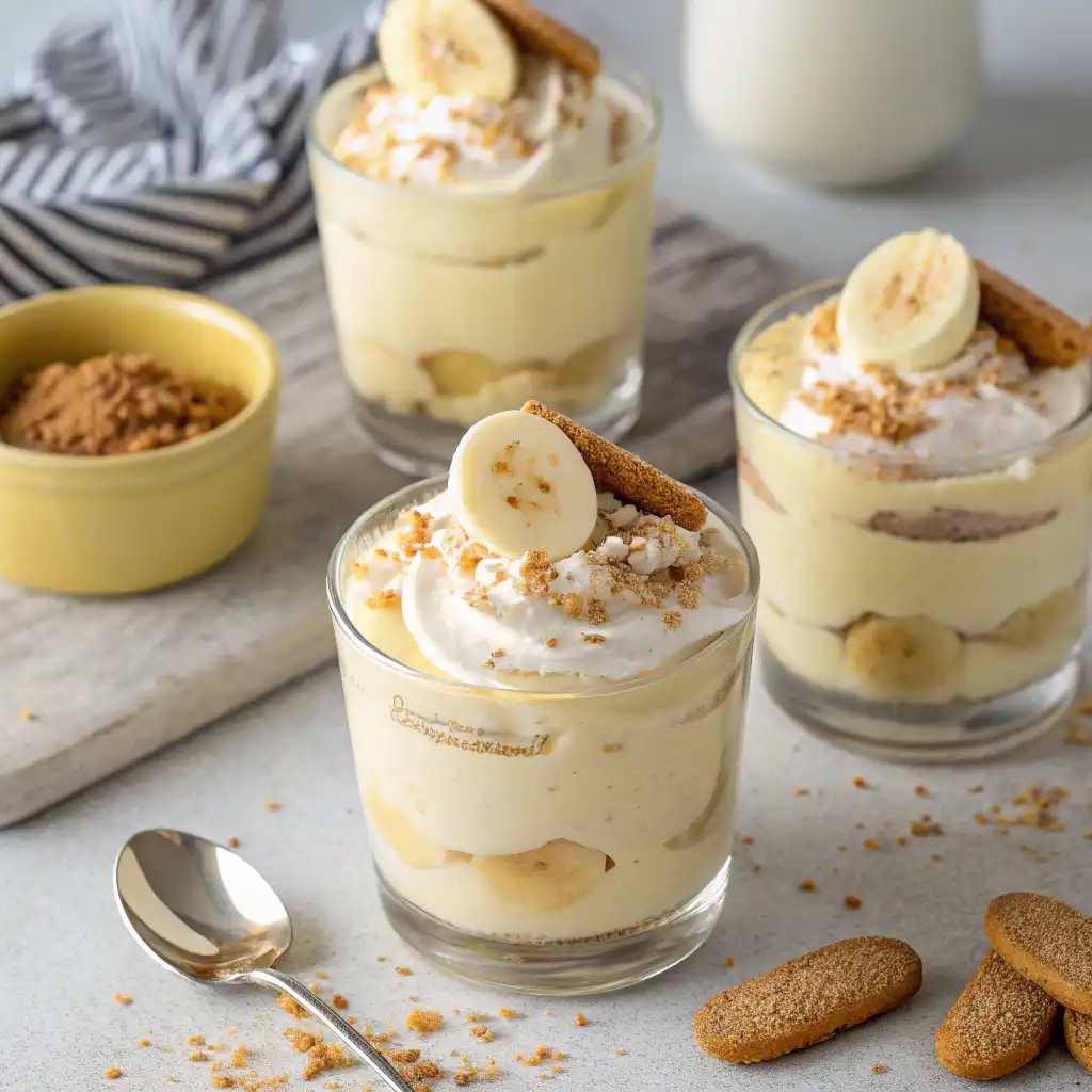 Top view of individual glass cups filled with creamy dairy-free banana pudding, layered with fresh banana slices, topped with dairy-free whipped cream and crushed graham crackers.