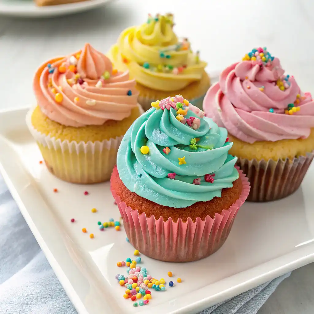 Dairy-free cupcakes with colorful vegan frosting and rainbow sprinkles.