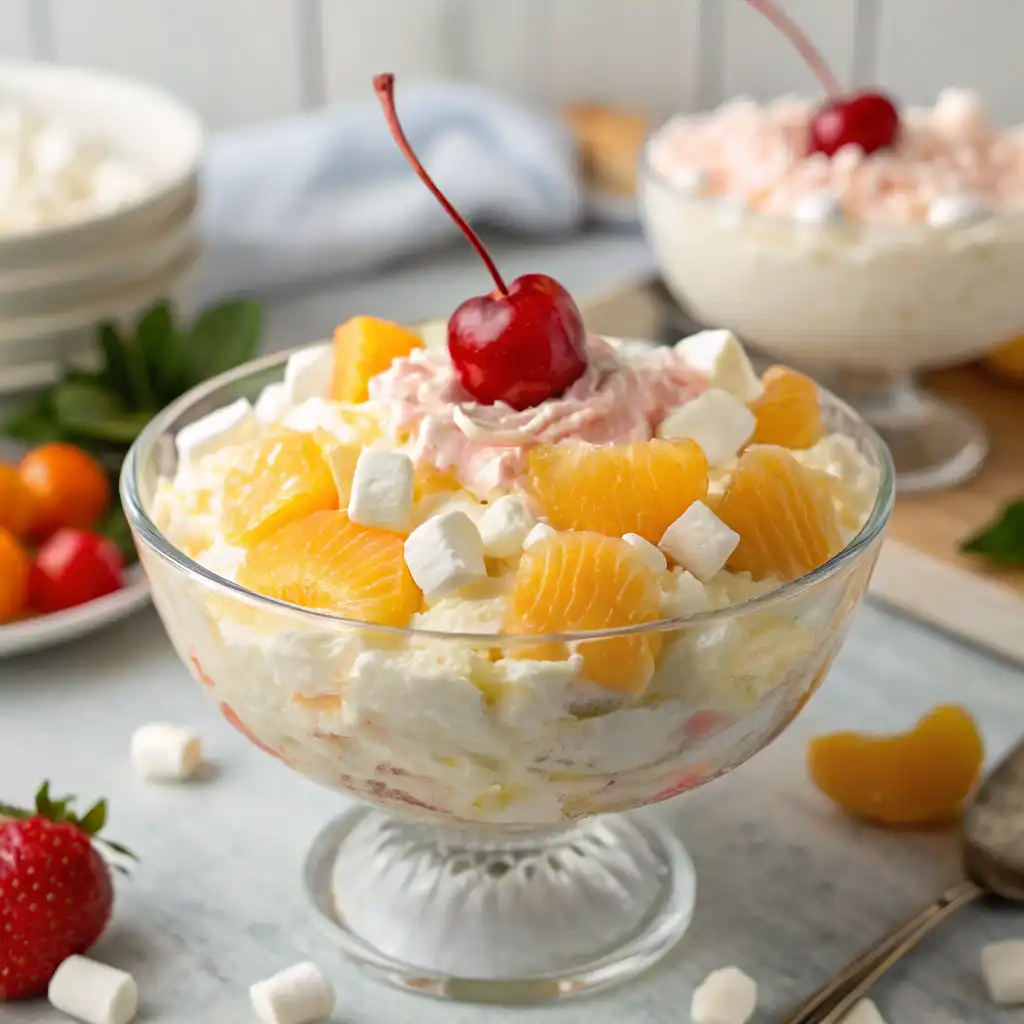  A serving of Glorified Rice in a decorative bowl, highlighting its creamy texture with pineapple chunks, cherries, and marshmallows.