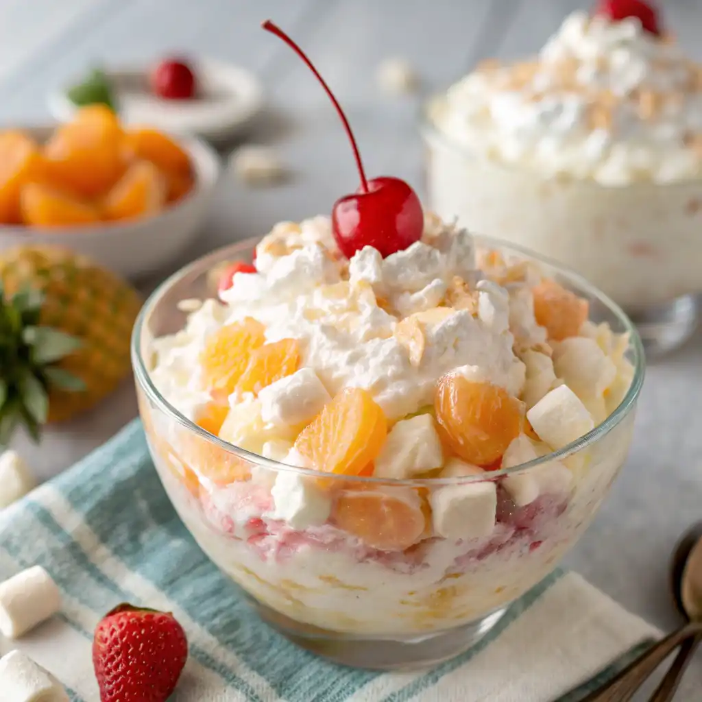 A delicious bowl of Glorified Rice topped with maraschino cherries, pineapple chunks, and mini marshmallows, ready to serve.