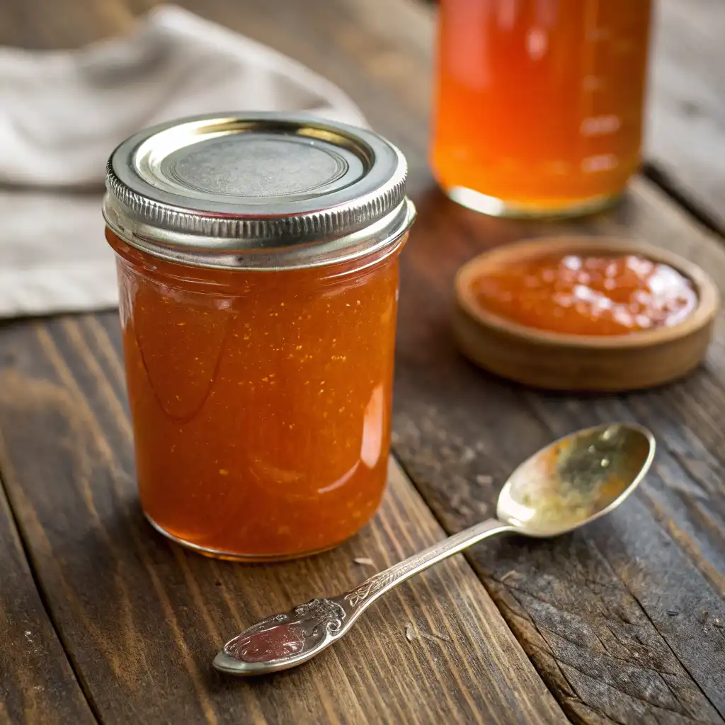 A jar of homemade persimmon jelly with fresh persimmons and a wooden spoon on a kitchen counter.