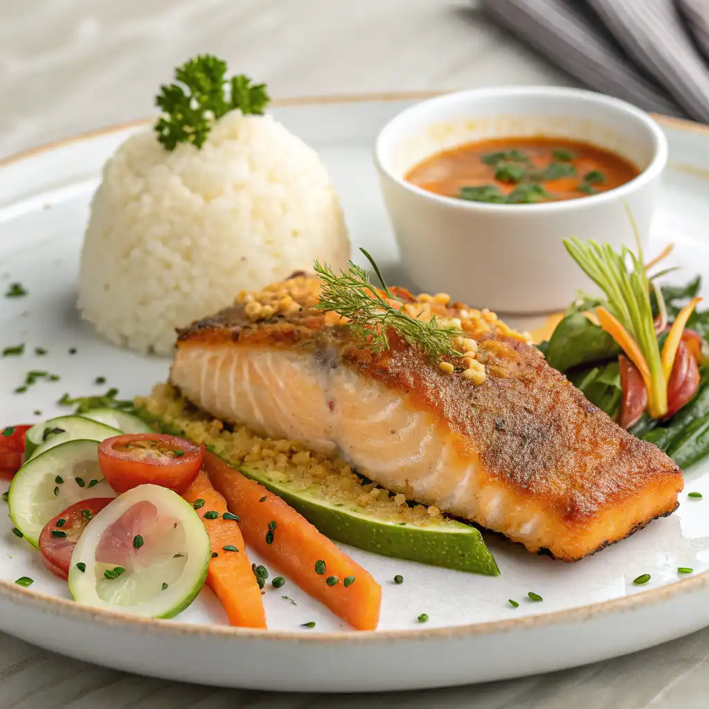 Grilled salmon belly recipe with a smoky char, served with rice, roasted vegetables, and a lemon wedge.