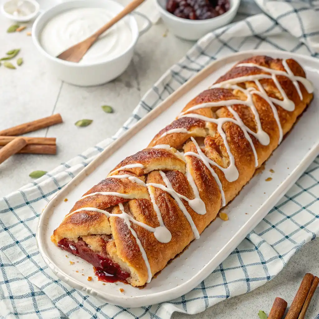  Top view of a golden-brown braided pastry filled with fruit jam, drizzled with white icing, on a white serving platter over a checkered kitchen towel.