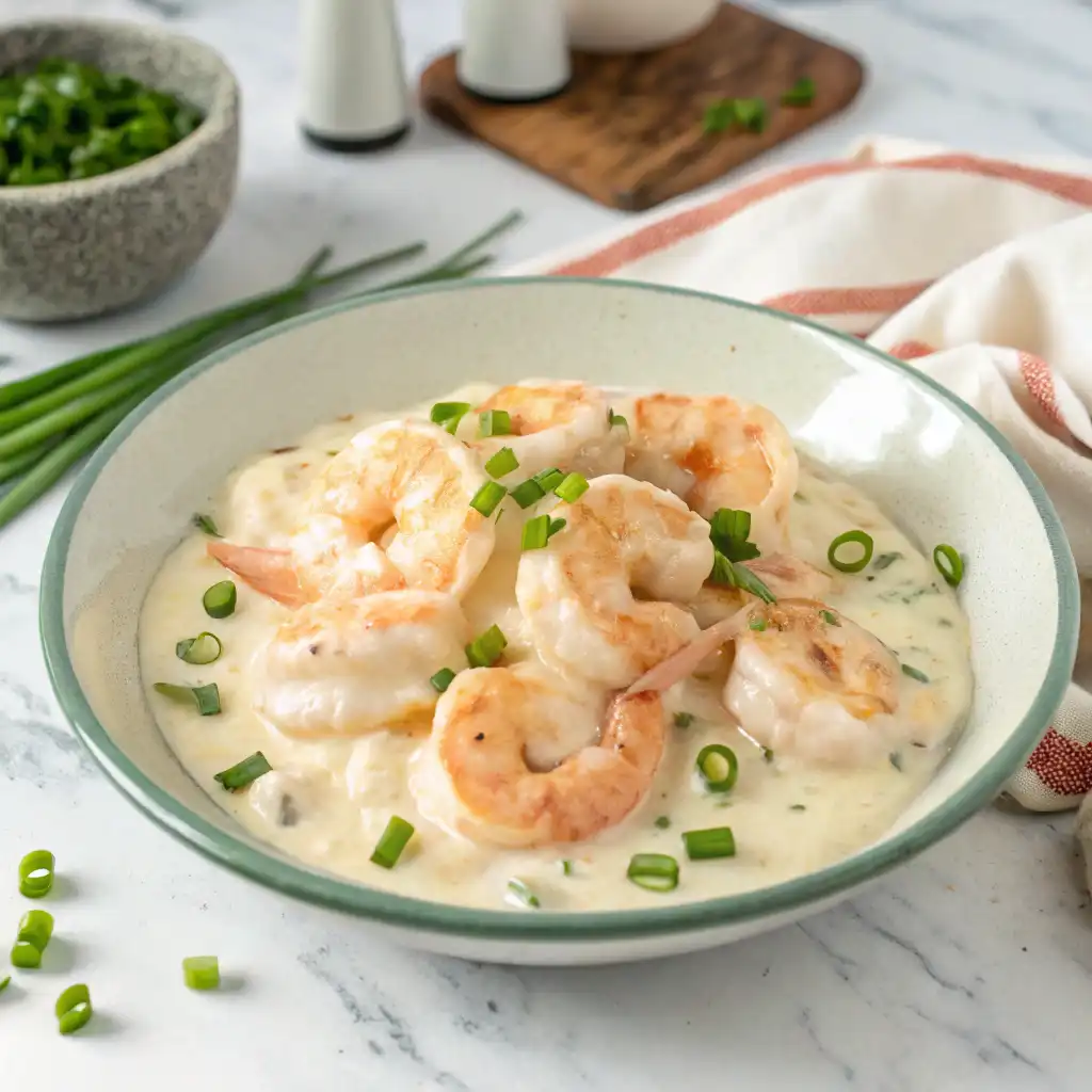 A plate of creamy garlic shrimp covered in a smooth white sauce, garnished with fresh green onions, set on a marble countertop.