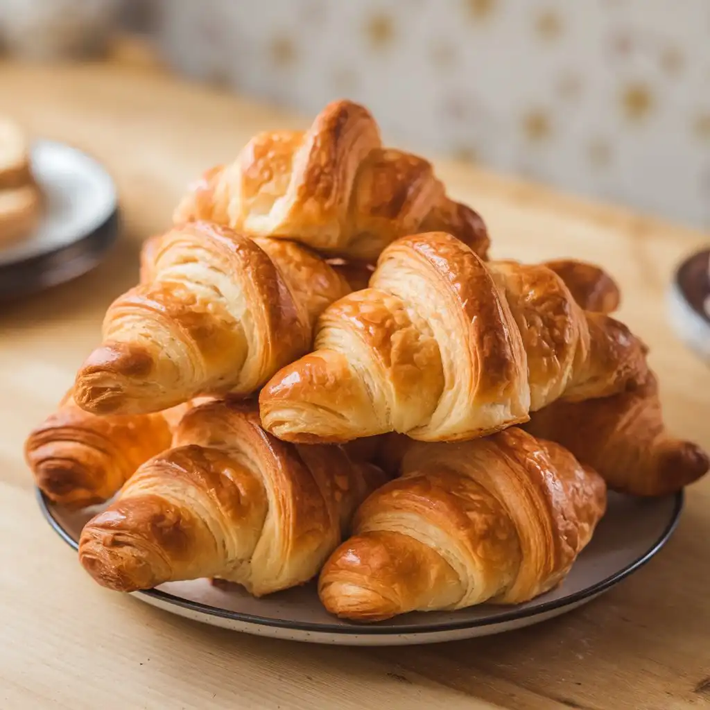 A plate of warm, flaky croissants with a golden-brown crust, freshly baked and ready to enjoy.