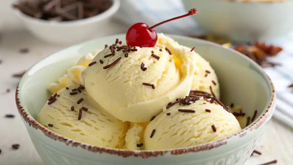 Homemade French vanilla ice cream in a bowl with a creamy texture and vanilla bean garnish.