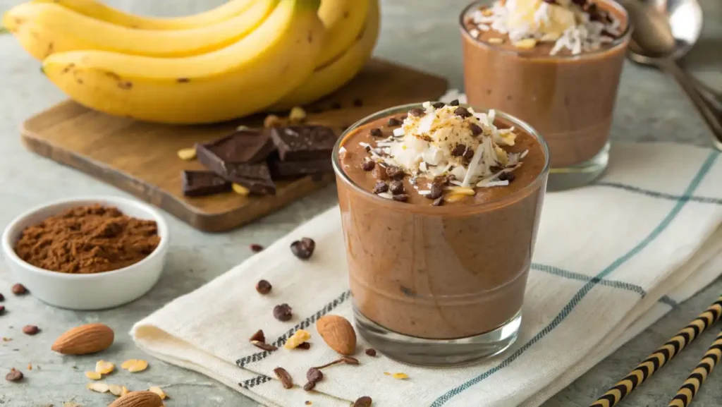 German chocolate smoothie topped with chocolate shavings, shredded coconut, and peanut butter in a glass, surrounded by bananas and cocoa powder.