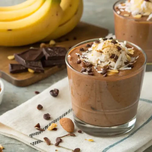 German chocolate smoothie topped with chocolate shavings, shredded coconut, and peanut butter in a glass, surrounded by bananas and cocoa powder.