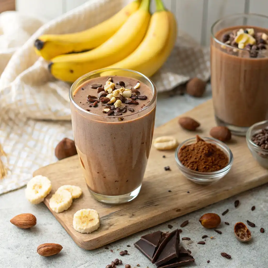 German chocolate smoothie topped with chocolate chips, shredded coconut, and peanut butter, placed next to cocoa powder and banana slices.