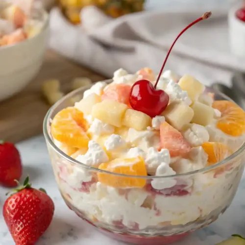 A bowl of creamy Glorified Rice dessert with whipped cream, pineapple, cherries, and mini marshmallows, garnished with extra cherries on top.