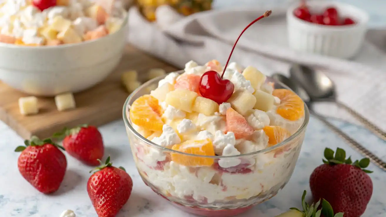 A bowl of creamy Glorified Rice dessert with whipped cream, pineapple, cherries, and mini marshmallows, garnished with extra cherries on top.