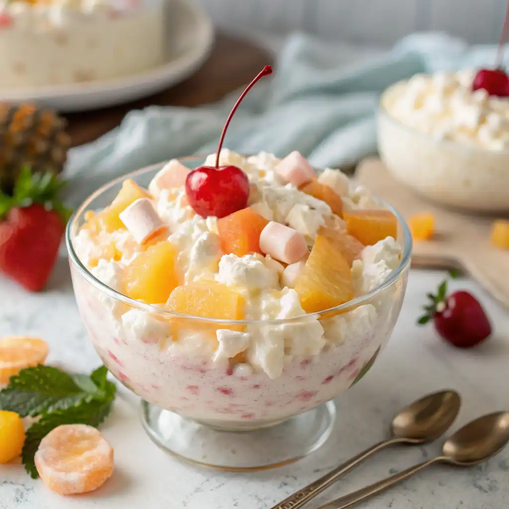 A close-up of Glorified Rice in a serving bowl, showcasing its creamy texture with pineapple chunks, cherries, and marshmallows.