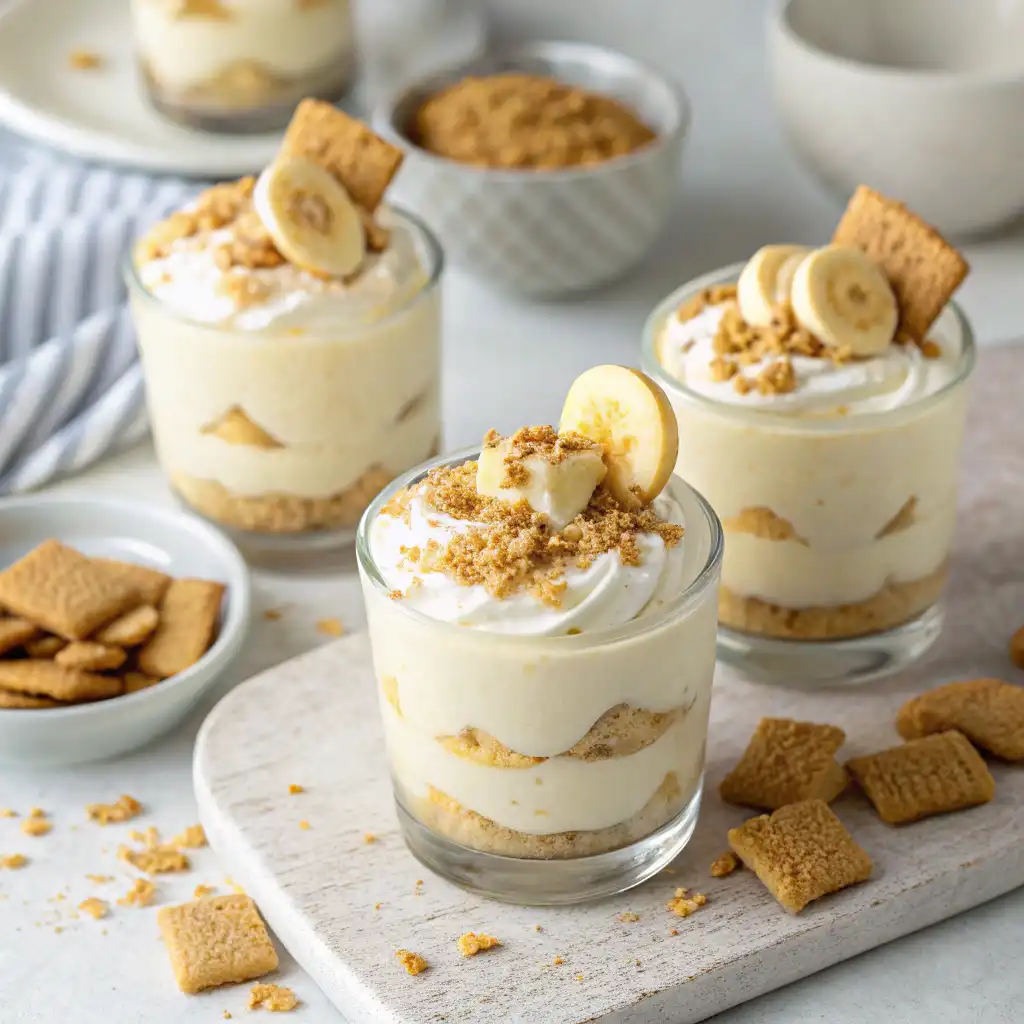 Close-up of creamy dairy-free banana pudding in individual glass cups, layered with fresh banana slices, topped with dairy-free whipped cream and crushed graham crackers.