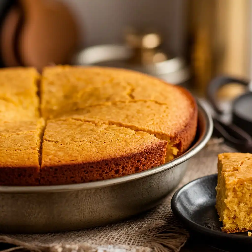 A slice of golden-brown Mexican cornbread on a wooden surface.