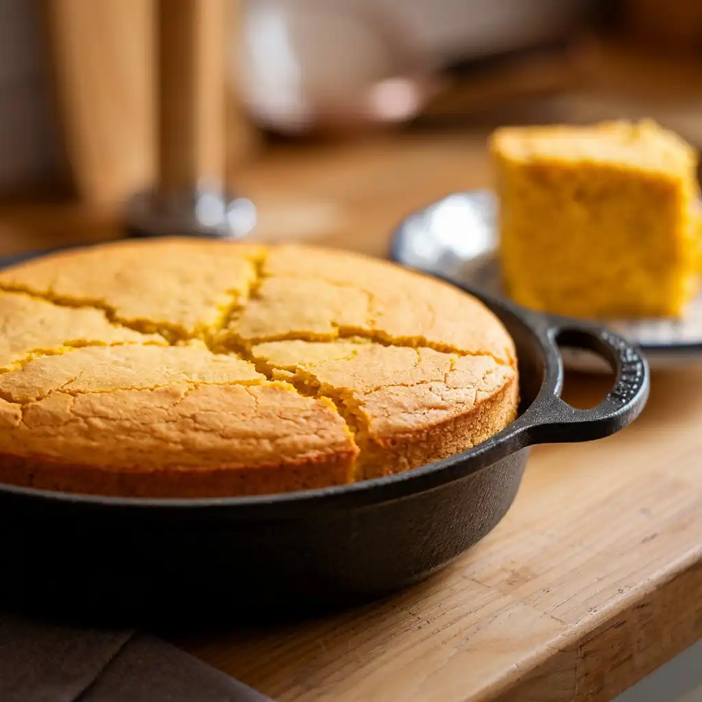 A slice of Mexican cornbread with a golden-brown crust, placed on a wooden table.