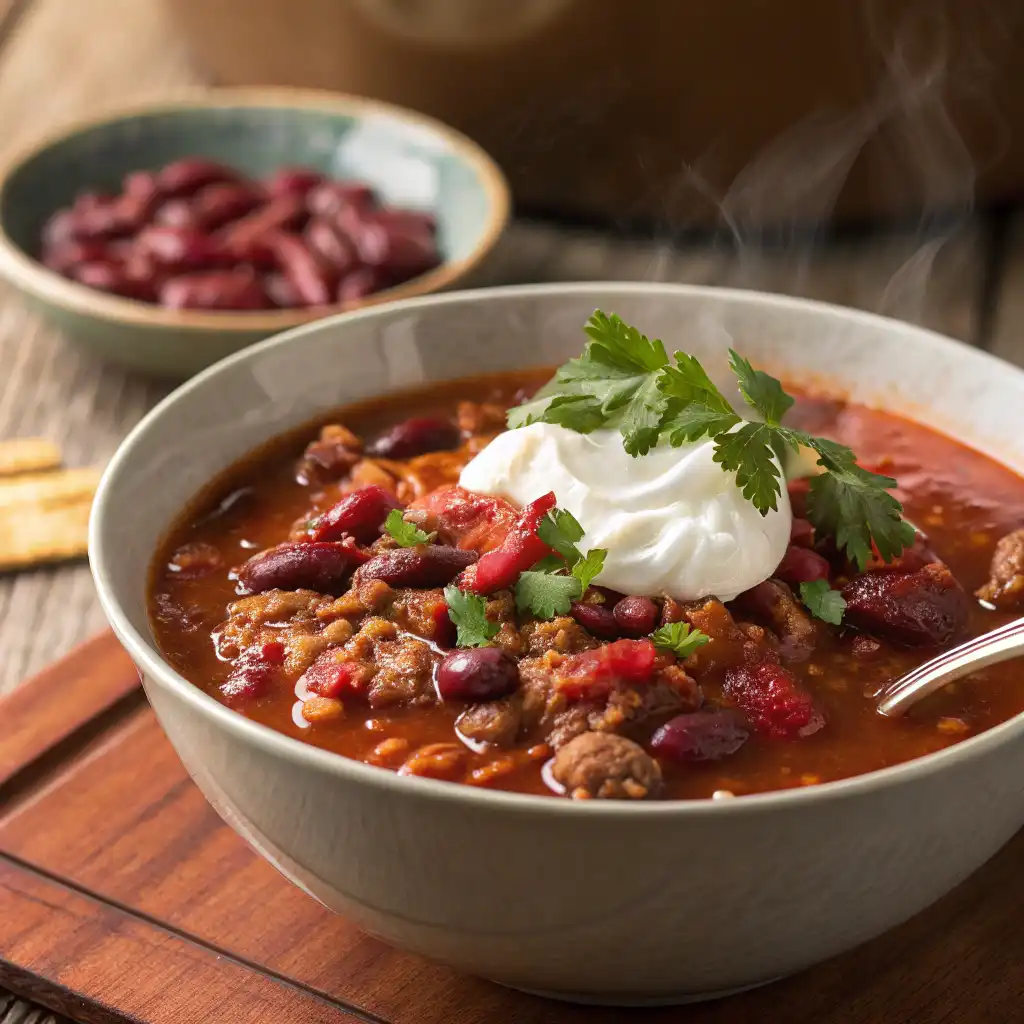 A bowl of turkey cranberry chili with ground turkey, cranberries, kidney beans, garnished with cilantro and sour cream.