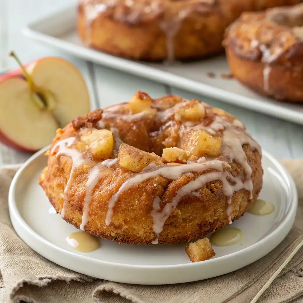  Soft baked apple fritters with a cinnamon glaze drizzle.