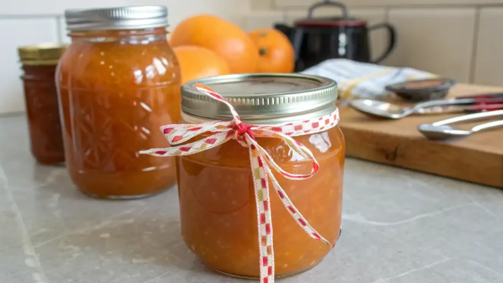 Homemade persimmon jelly in jars with fresh persimmons and ingredients.