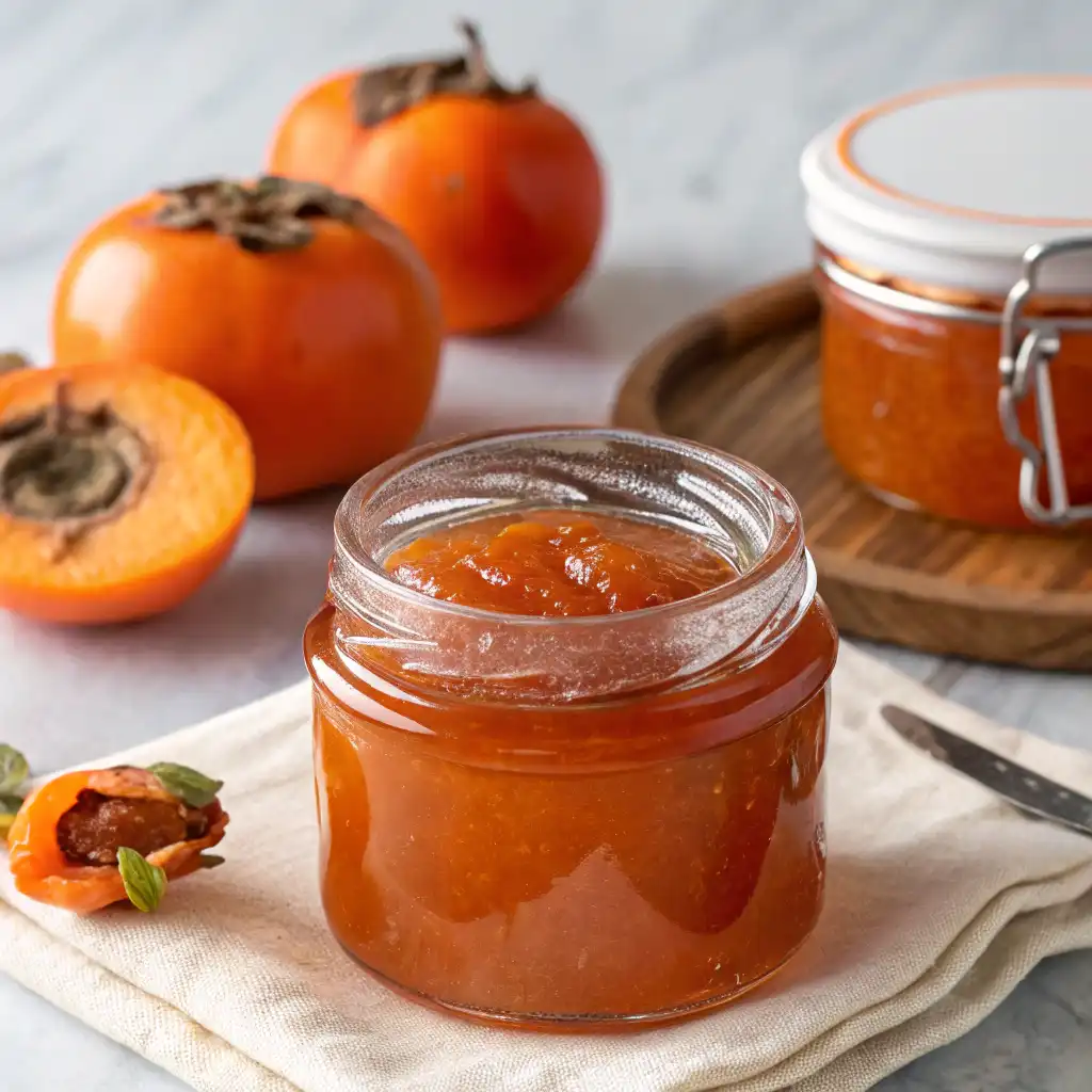 Jars of homemade persimmon jelly with fresh persimmons and ingredients on a kitchen countertop.