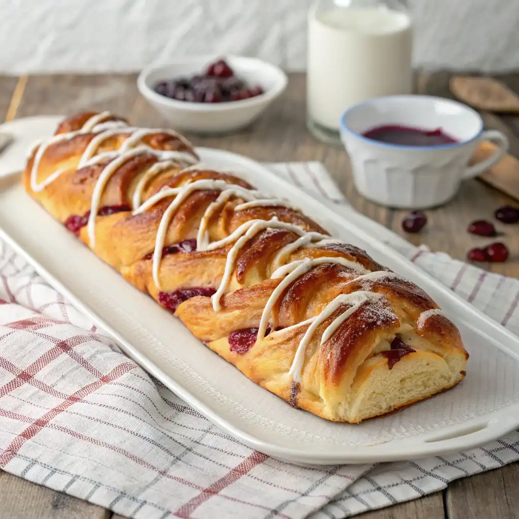 A golden-brown braided pastry filled with fruit jam, drizzled with white icing, on a white serving platter over a checkered kitchen towel.