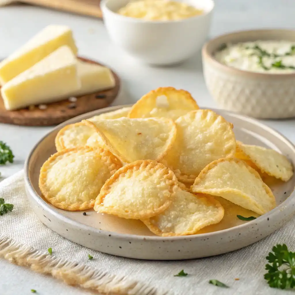 Crispy cottage cheese chips on a plate with a sprinkle of seasoning.