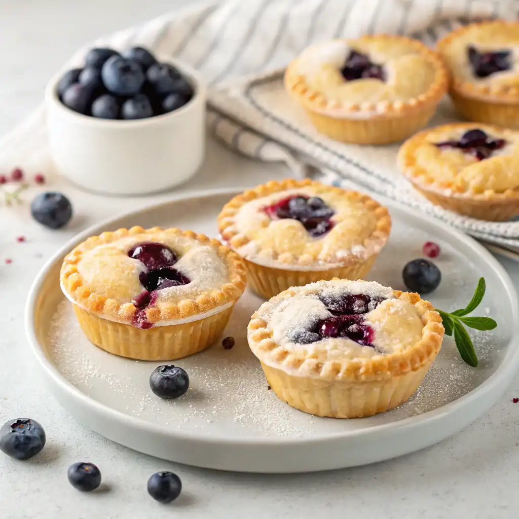 Freshly baked mini blueberry pies with a flaky golden crust and bubbling blueberry filling.