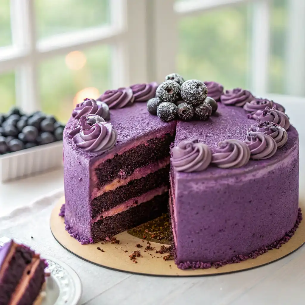 A sophisticated four-layer purple velvet cake with vibrant purple frosting, piped swirls, and sugared blueberries, showcasing a slice removed to reveal the moist interior.