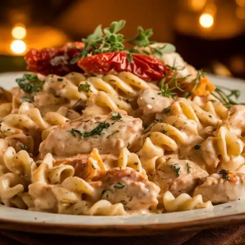 A creamy bowl of Marry Me Chicken Pasta with tender chicken pieces, sun-dried tomatoes, and Parmesan cheese, garnished with fresh basil.