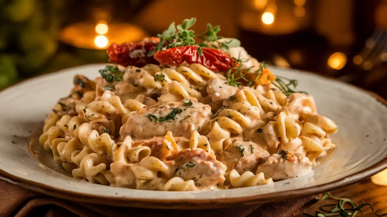 A creamy bowl of Marry Me Chicken Pasta with tender chicken pieces, sun-dried tomatoes, and Parmesan cheese, garnished with fresh basil.