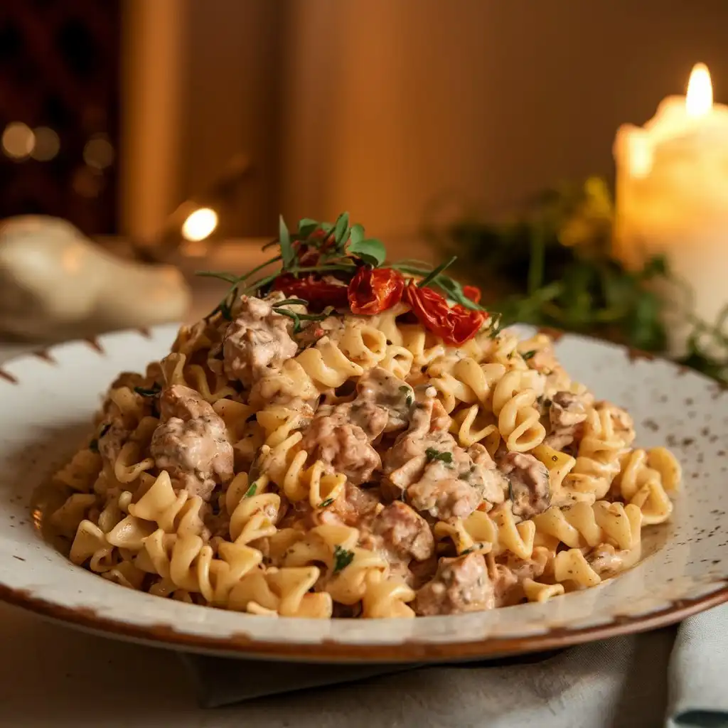 A bowl of Marry Me Chicken Pasta with a creamy Parmesan sauce, tender chicken pieces, and sun-dried tomatoes, garnished with fresh herbs.