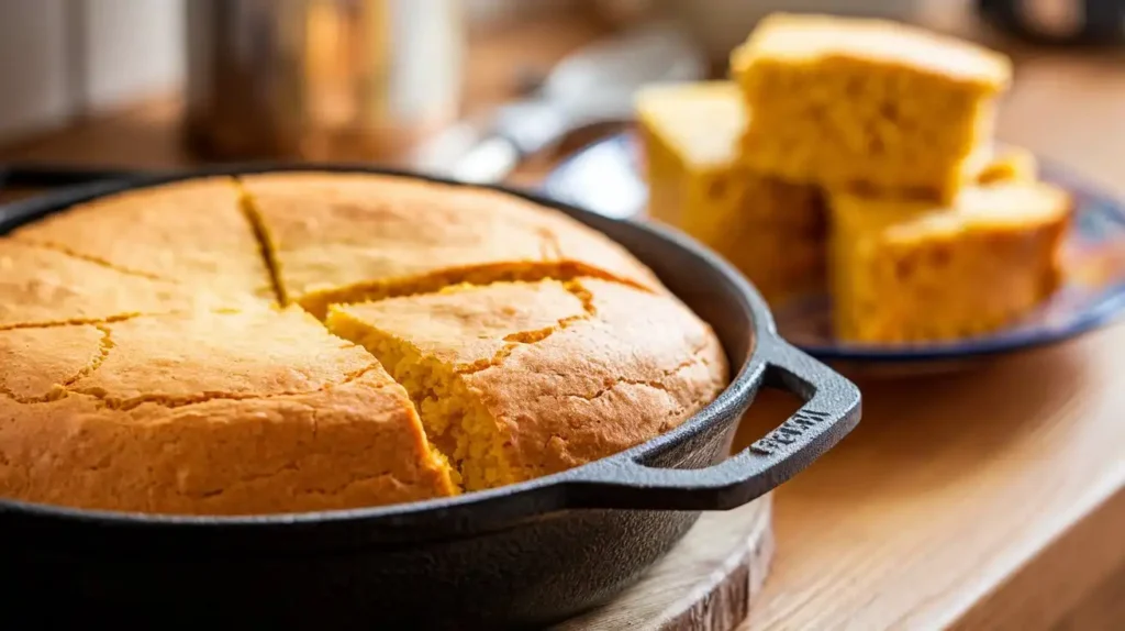 A golden-brown slice of Mexican cornbread with jalapeños and melted cheddar cheese, served on a rustic wooden plate.