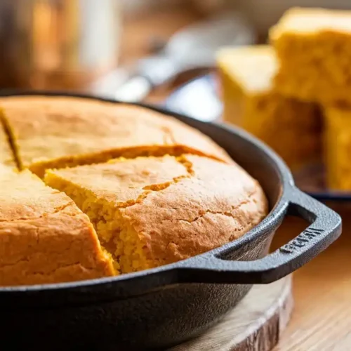 A golden-brown slice of Mexican cornbread with jalapeños and melted cheddar cheese, served on a rustic wooden plate.