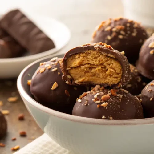 Pecan Pie Balls on a plate, coated with chopped pecans.