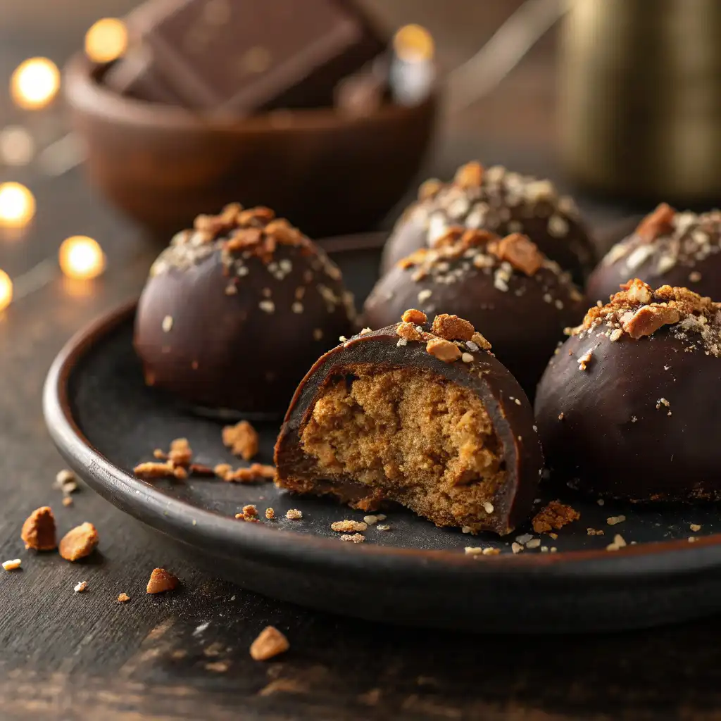 Close-up of homemade pecan pie balls with chopped pecans on top.