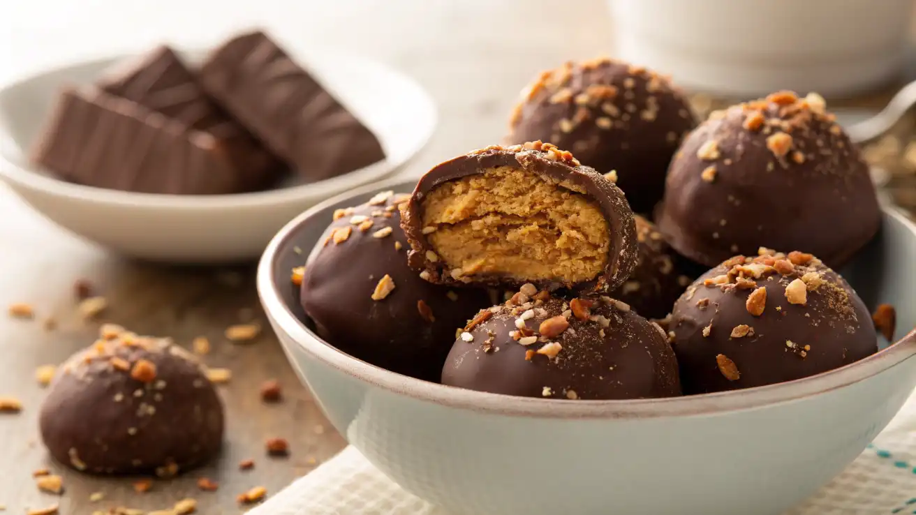 Pecan Pie Balls on a plate, coated with chopped pecans.