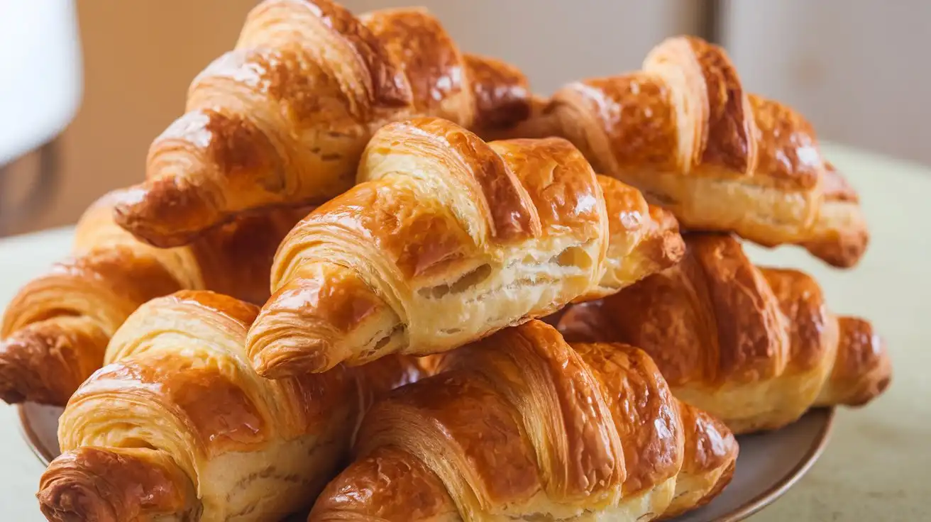 A plate of freshly baked croissants with a golden, flaky crust, arranged neatly and glowing under soft natural light.