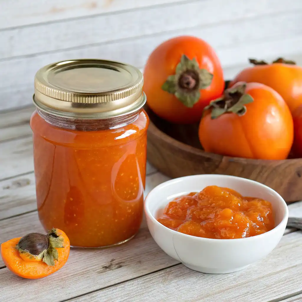 Homemade persimmon jelly in jars with fresh persimmons and a spoon on a rustic table.