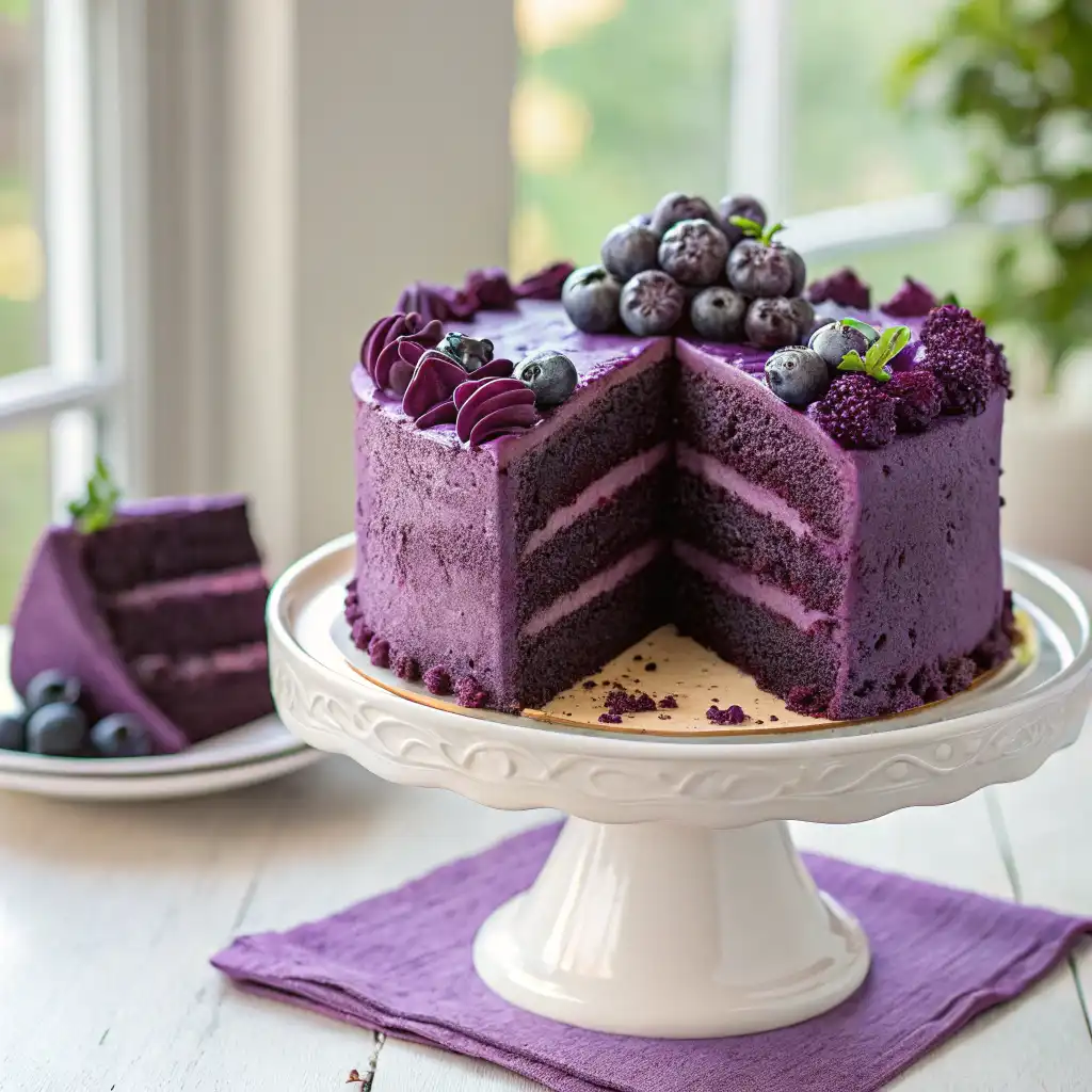 A luxurious four-layer purple velvet cake with vibrant purple frosting, piped swirls, and sugared blueberries, displayed on a cake stand with a slice removed.