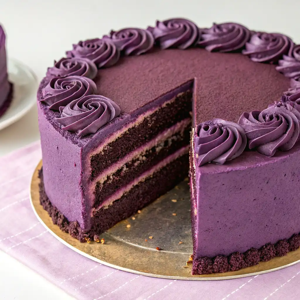 A four-layer purple velvet cake with vibrant purple frosting, piped swirls, and sugared blueberries, with a slice cut to reveal the moist interior.