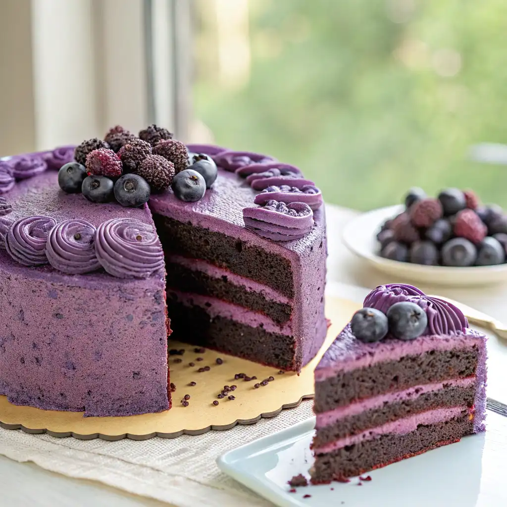 A decadent four-layer purple velvet cake with vibrant frosting, piped swirls, and sugared blueberries, showing a slice cut to reveal the moist, creamy interior.